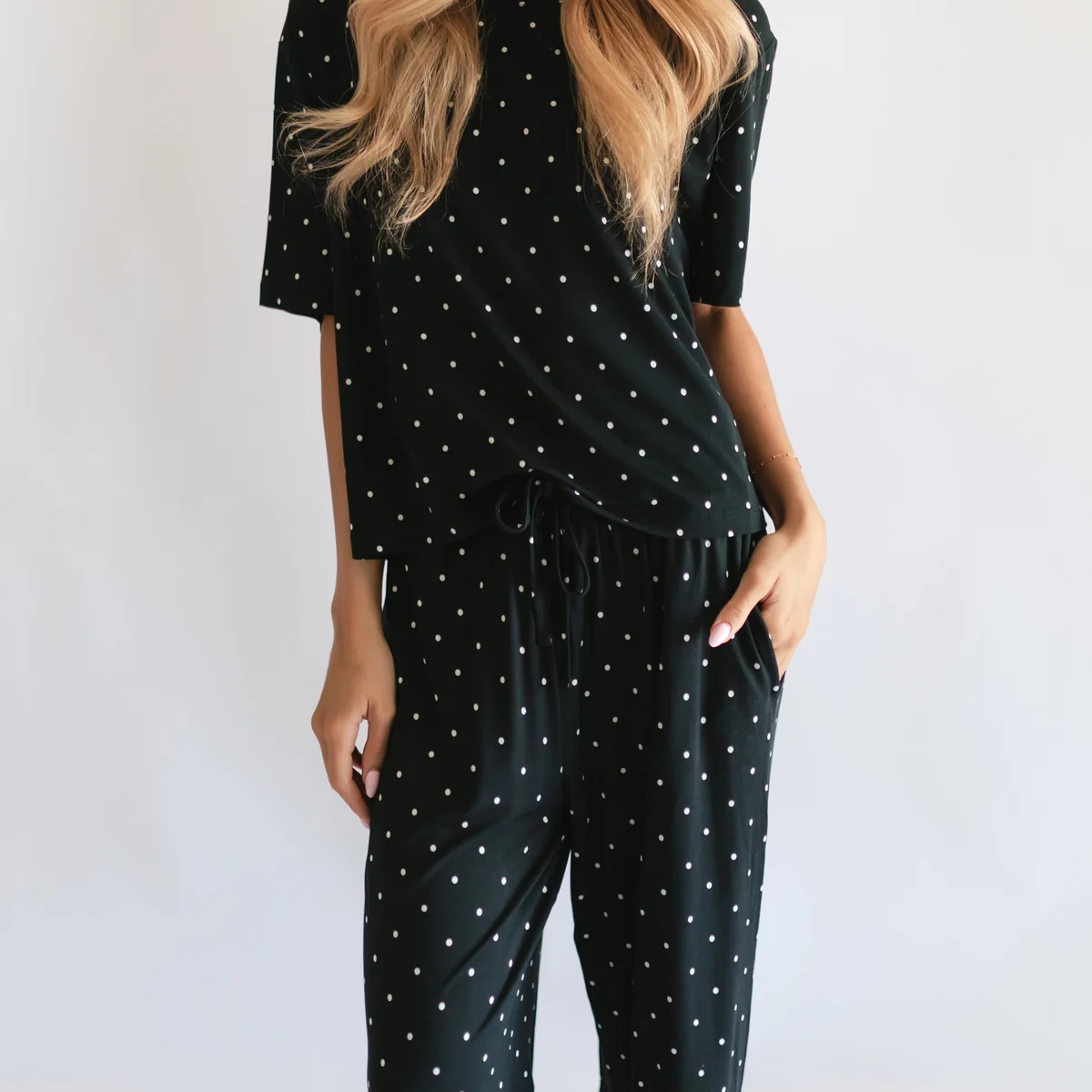 Women's T-Shirt and Pants Set in Black polka dot | Silks Design
