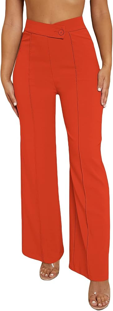 SweatyRocks Women's Overlap Waist Seam Front Palazzo Wide Leg Pants High Waist Long Pant Casual T... | Amazon (US)