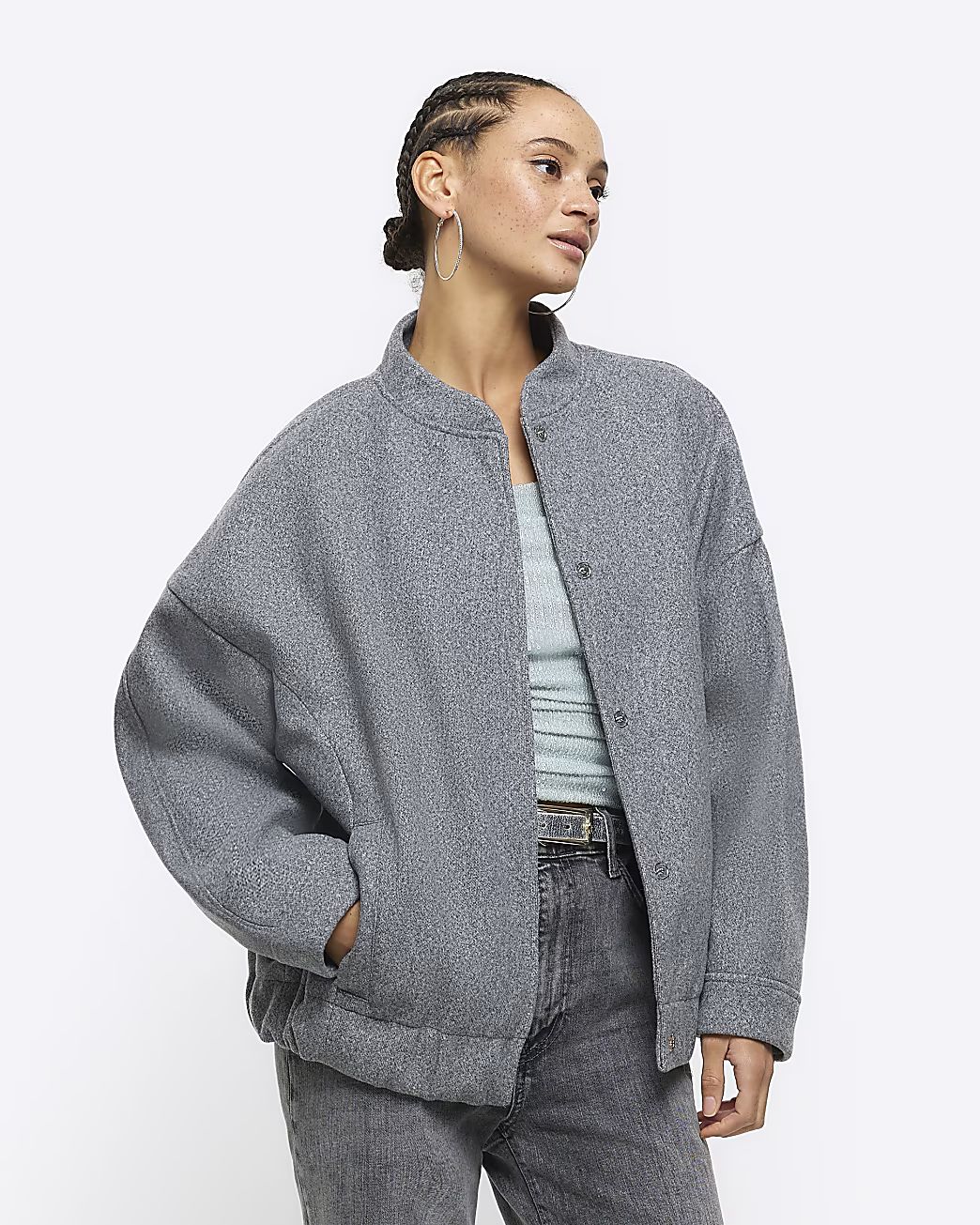 Grey oversized bomber jacket | River Island (UK & IE)