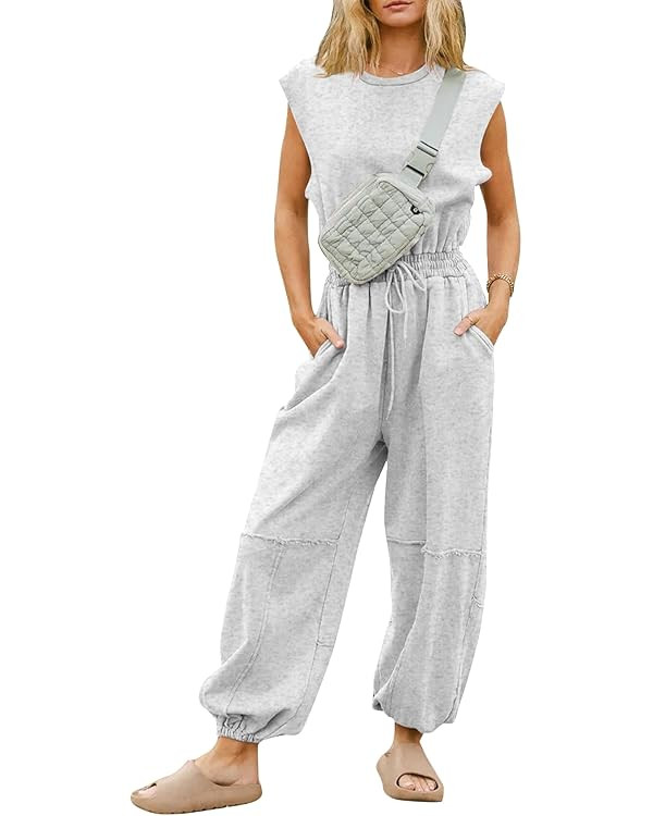 Flygo Womens Casual Jumpsuit Crewneck Cap Sleeve Long Wide Leg Pants One Piece Outfits Drawstring... | Amazon (US)
