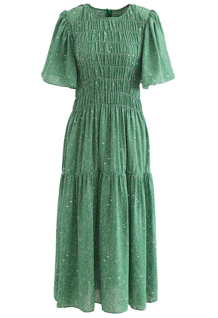 Flare Sleeve Padded Shoulder Printed Midi Dress in Green | Chicwish
