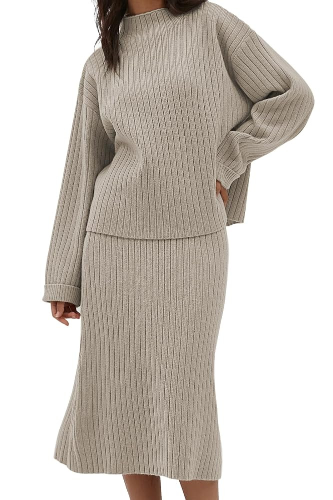 CHYRII Womens Fashion Two Piece Outfits Mock Neck Oversized Sweater Tops Skirt Sets Sweater Dress... | Amazon (US)