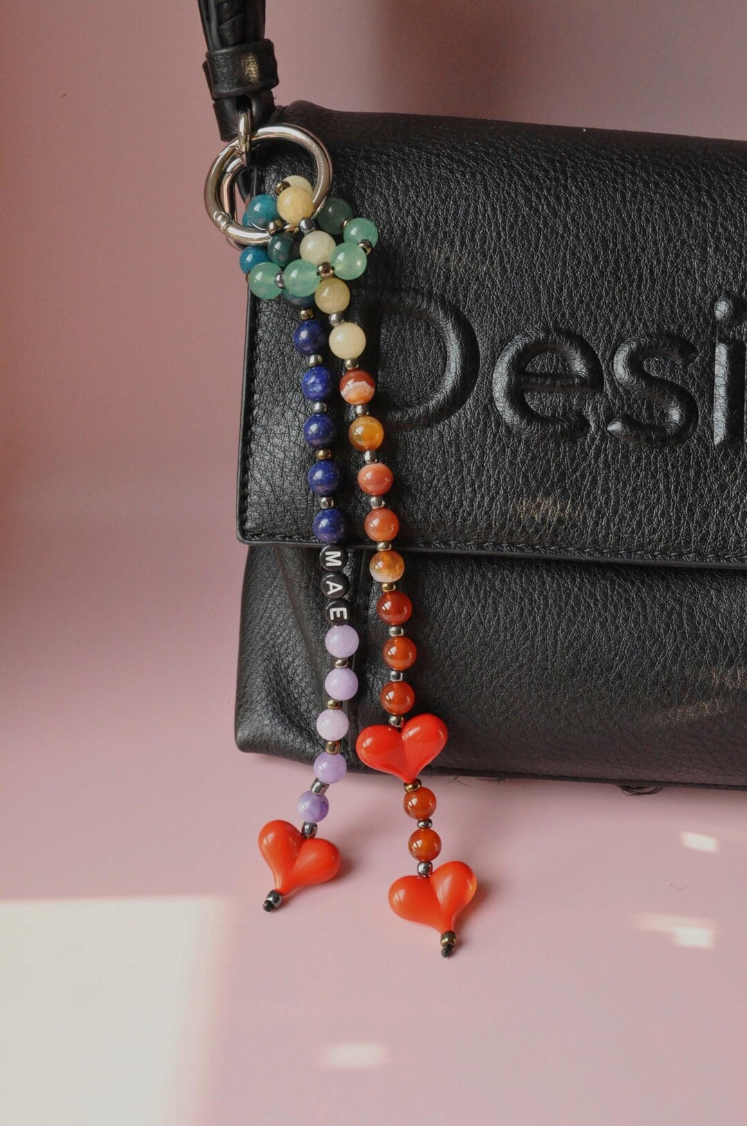 Gemstone Chunky Heart Beaded Bag Charm | Natural Stone Bead Bag Tag | Healing Crystal Handbag Acc... | Etsy (US)