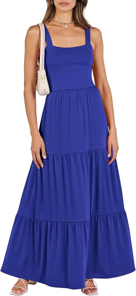 ANRABESS Women's Summer Dresses 2024 Beach Long Maxi Dress Smocked Spaghetti Strap Square Neck Ru... | Amazon (US)