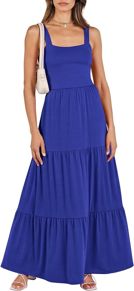 ANRABESS Women's Summer Dresses 2024 Beach Long Maxi Dress Smocked Spaghetti Strap Square Neck Ru... | Amazon (US)