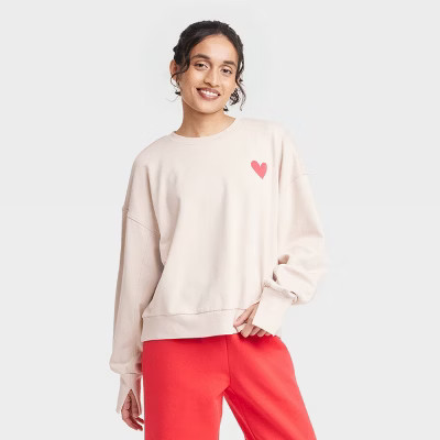 Women's Valentine's Day Graphic French Terry Crewneck Sweatshirt - JoyLab™ Cream M | Target