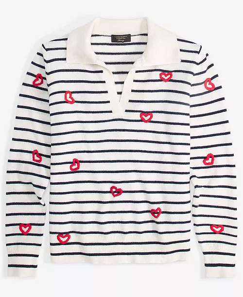 Charter Club Women's Cashmere Striped Heart-Embroidered Polo Sweater, Created for Macy's - Macy's | Macy's