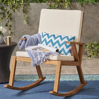 Champlain Outdoor Acacia Wood Rocking Chair with Water-Resistant Cushions by Christopher Knight H... | Bed Bath & Beyond