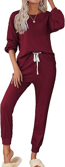 Ekouaer Pajamas Women's Ribbed Knit 2 Piece Matching Lounge Sets Long Sleeve Pullover Top and Pan... | Amazon (US)