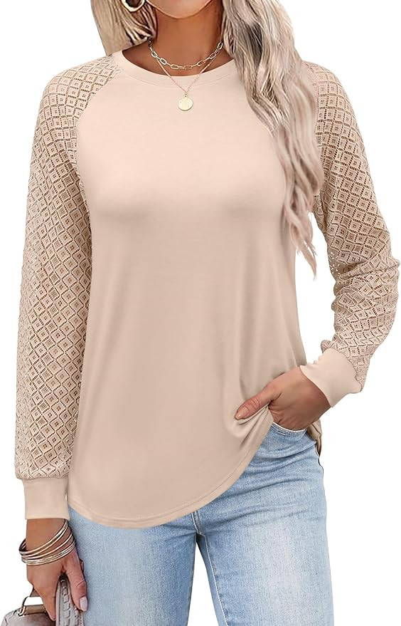 ANRABESS Womens Long Sleeve Shirts V-Neck Lace Tops Business Casual Blouses Trendy 2024 Fall Fash... | Amazon (US)