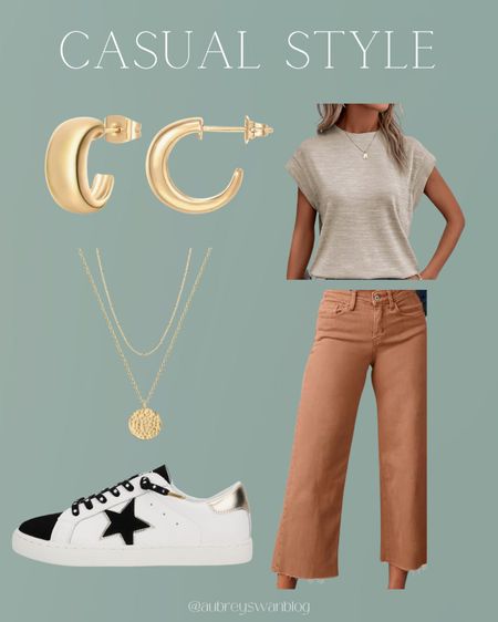 Casual style 🤍 

Amazon finds, gold hoop earrings, gold pendant necklace, vintage havana shoes, high waisted ankle wide pants, women’s bat wing cap sleeve shirt 