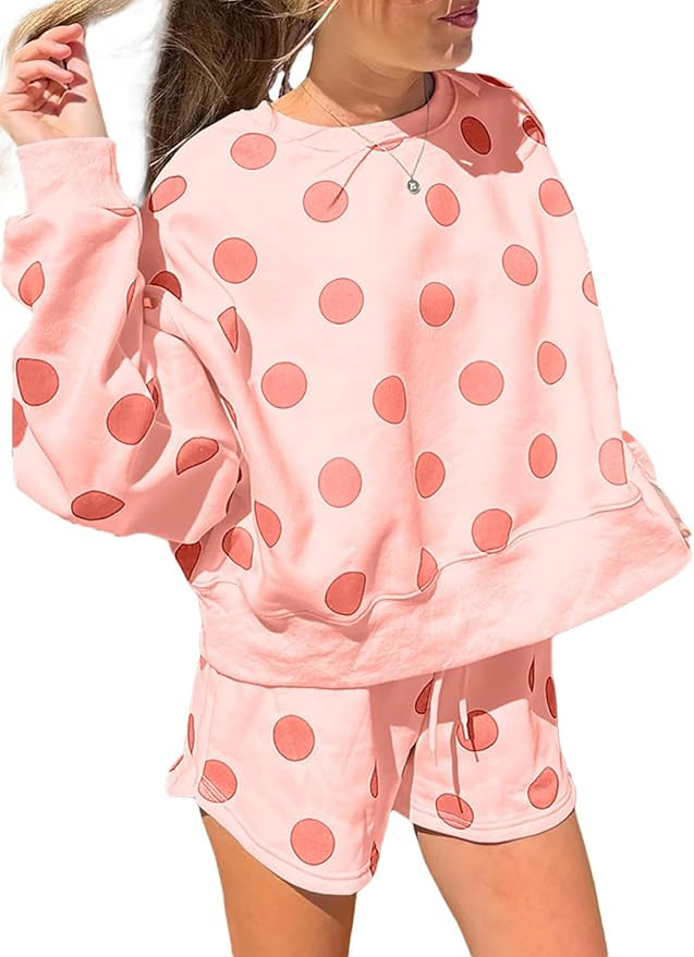 KevaMolly Womens Two Piece Lounge Sets Polka Dot Print Drop Shoulder Oversized Pullover Drawstrin... | Amazon (US)
