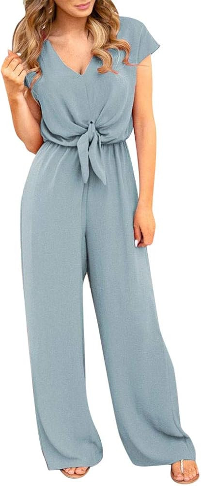 Women's Jumpsuits Summer Short Sleeve V Neck Lace Up Rompers Jumpsuit Playsuit | Amazon (US)