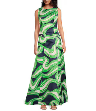 Guinevere Printed Satin Round Neck Sleeveless Dress | Dillard's