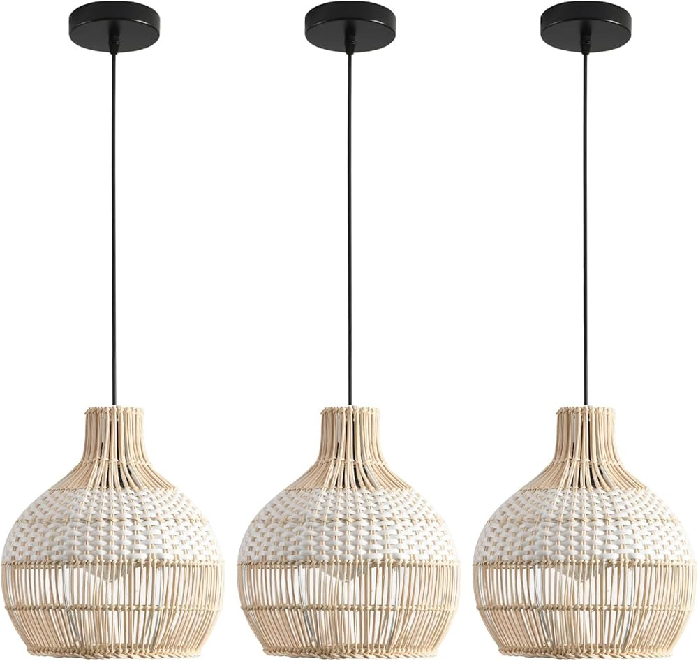 3-Pack Fax Rattan Pendant Light Fixture Mini Hand-Woven White Rattan Chandelier 10.24" Boho Wicke... | Amazon (US)