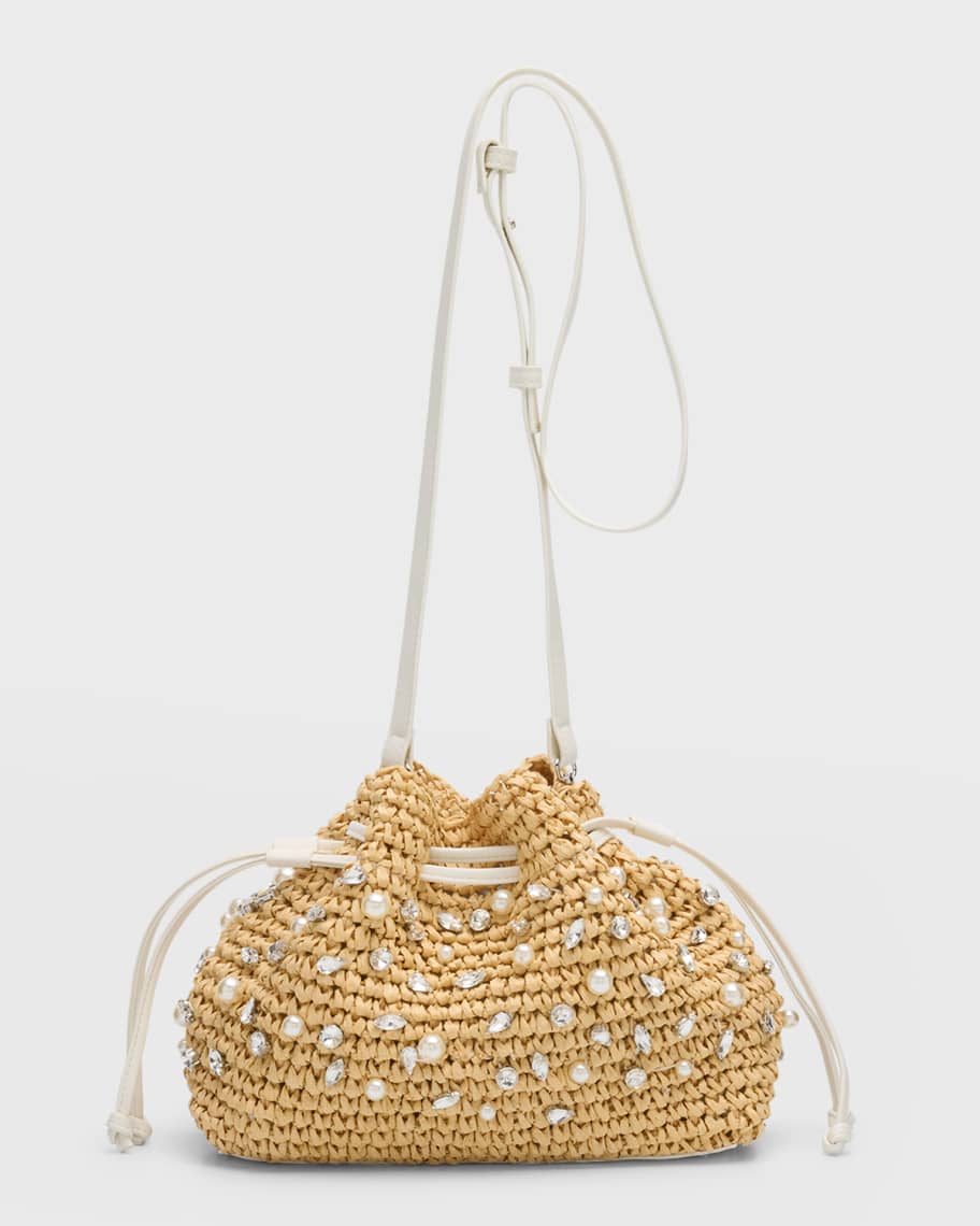 Nia Mini Crystal Straw Bucket Bag | Neiman Marcus