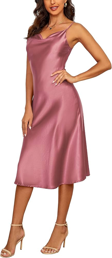 MOUEEY Women's Sleeveless Spaghetti Strap Satin Dress Cocktail Beach Evening Party Cowl Neck Midi... | Amazon (US)