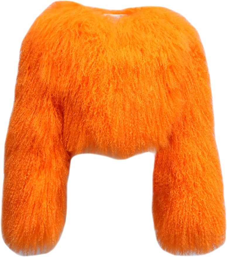 Women's Genuine Mongolian Fur Coat Fluffy Cropped Jacket Shaggy Outwear Long Sleeve Warm Winter | Amazon (US)