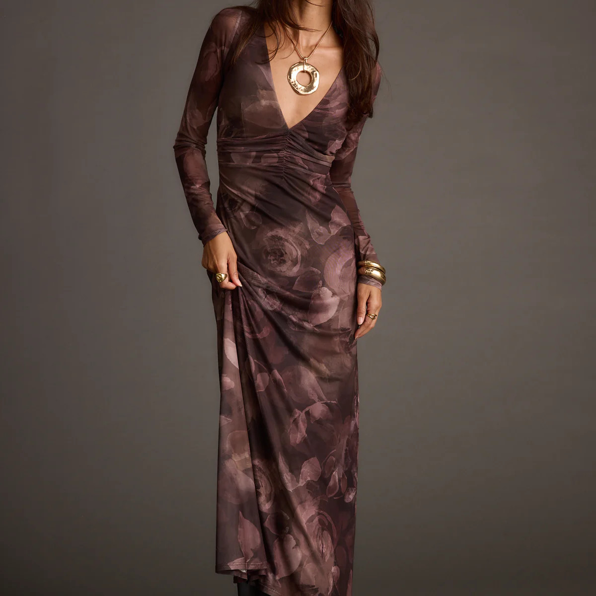 Kristin Plum Blur Mesh Maxi Dress | 12th Tribe