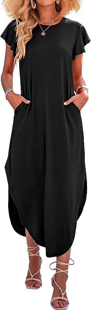ANRABESS Women's Summer Casual Loose Crewneck Ruffle Short Sleeves Split Beach Maxi Long Dress with  | Amazon (US)