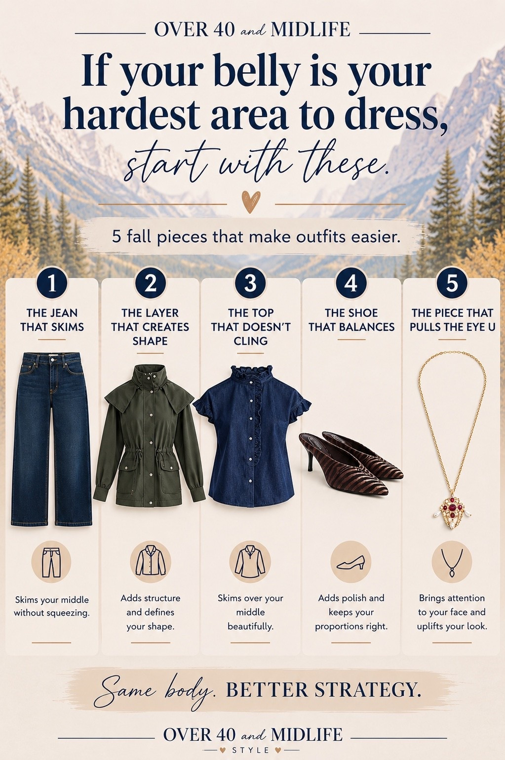 ✨Tap the bell, save and ❤️ start here over 40 fashion, midlife style, midsize fashion and luxury looks for less.  

If your belly is your hardest area to dress, don’t buy more clothes. These are worth it.

These are the fall workhorses I’d start with because each one has a job:

👖 The jean that skims
🧥 The layer that creates shape
👚 The top that doesn’t cling
👠 The shoe that balances
✨ The piece that pulls the eye up

That’s my Outfit Physics™ formula:

LIFT. SKIM. BALANCE.

Same body. Better strategy.

And if I could only buy ONE?

The jeans. Start with the hardest part of the outfit first, then build around them.

Comment FALL and I’ll send you all 5 links. 🤎

#LTKOver40 #LTKMidsize #LTKPlusSize