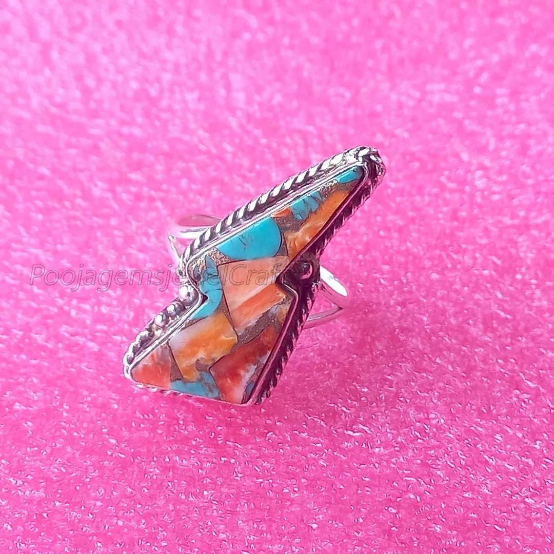 Lightning Bolt Turquoise Ring, Spiny Oyster Turquoise Ring, Handmade Ring, Lightning Bolt Gemston... | Etsy (US)