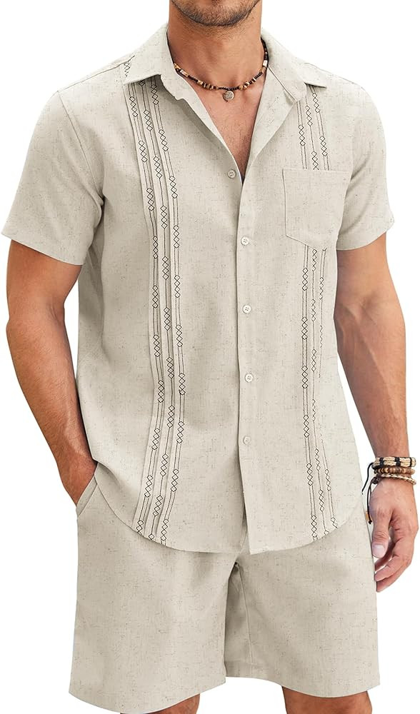 COOFANDY Men Linen Sets Outfits 2 Piece Short Sleeve Cuban Shirts Guayabera Linen Suit | Amazon (US)
