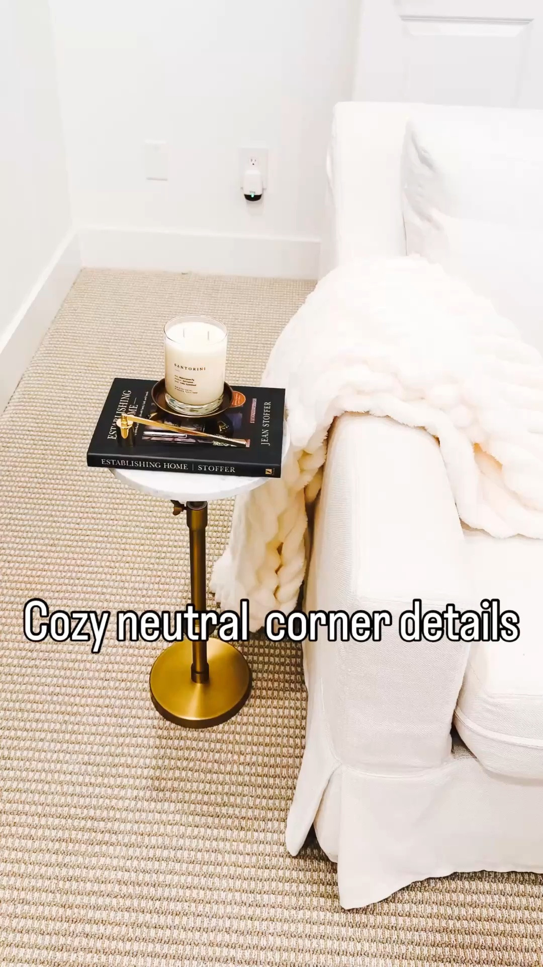 Cozy neutral living room corner details that instantly make your space feel more elevated and pulled together. I love layering soft textures with simple decor like a marble side table, candle styling, and a chunky knit throw to create that warm, inviting feel. These are everyday home styling ideas that are easy to recreate using affordable finds from Amazon. Cozy neutral blanket and brass accent table. The accent drink table adjusts up and down. Follow me on LTK for daily home decor inspiration, neutral styling ideas, and affordable home finds.

#LTKvlog #LTKHome