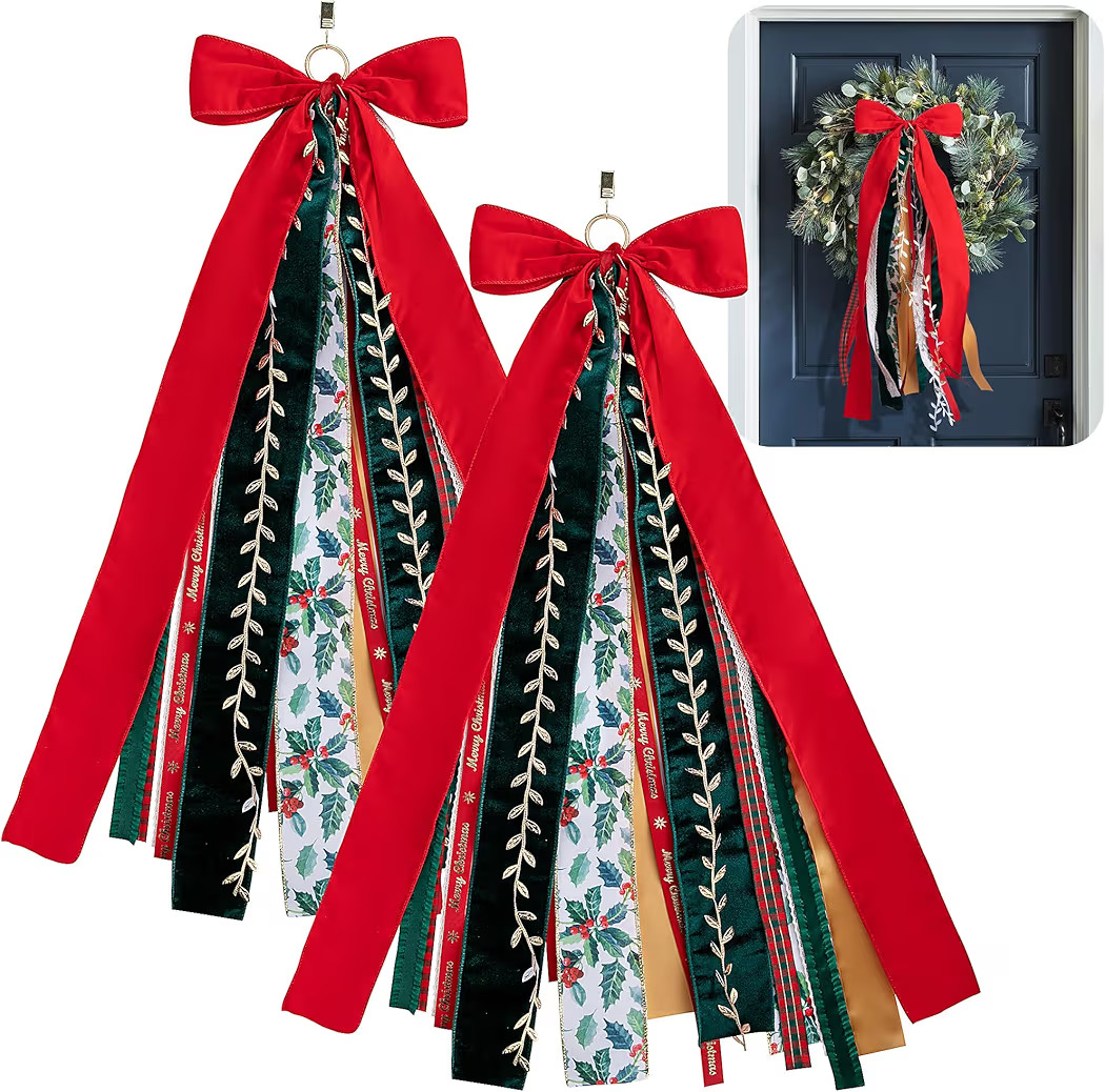 RunNico 2 Pcs Christmas Assorted Ribbon Bow for Wreath, 30'' x 20'' Large Xmas Clip-On Wreaths Ri... | Amazon (US)