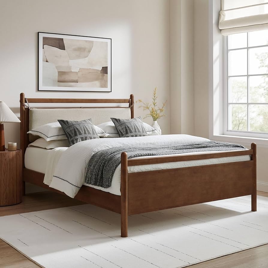 Modway Leni Queen Size Wood Platform Bed Frame in Walnut Heathered Ivory | Amazon (US)