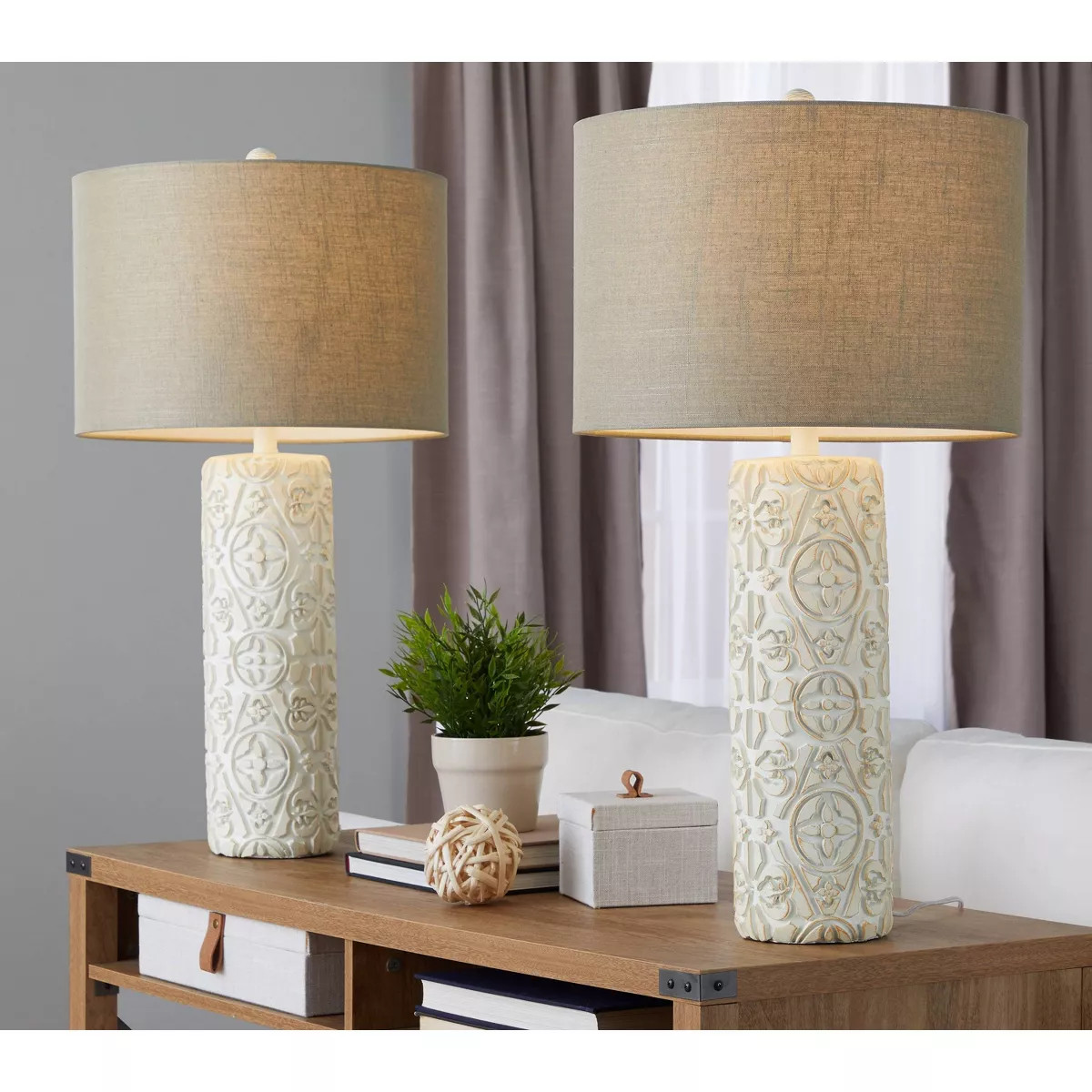 LumiSource (Set of 2) Charlotte 30" Contemporary Polyresin Table Lamps Brushed Taos Brown with Be... | Target
