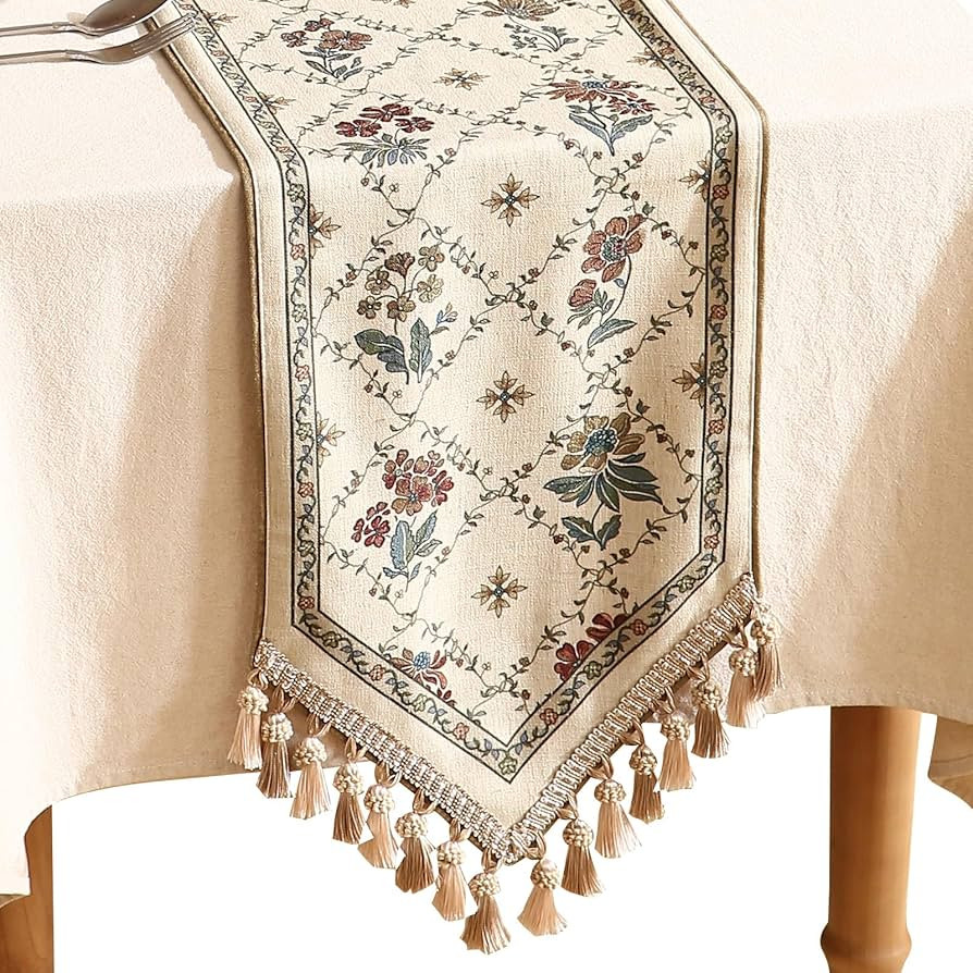 patdrea Designer Vintage Floral Linen Table Runner 87 Inch Long, Beige Cottage Rustic Bouquets Pa... | Amazon (US)