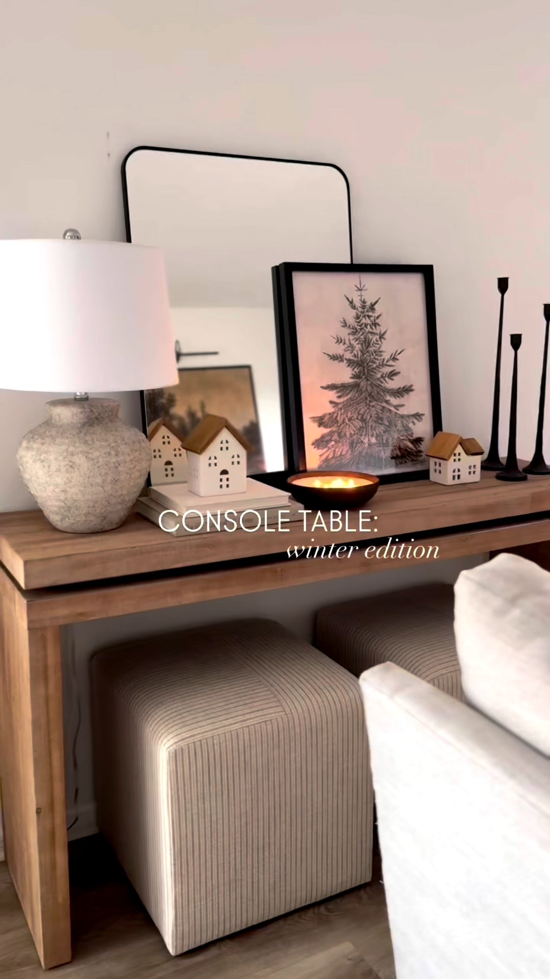 Winter console table, console table styling, console table decor, table lamp, winter prints, Christmas prints, Christmas decor, holiday decor, candle sticks, ottomans for console table, candles, mirror for table 

#LTKSeasonal #LTKHoliday #LTKHome