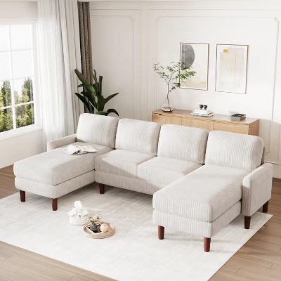 103''W Elegant U-Shaped Corduroy Upholstered Sectional Sofa, 4-Seat Large Couch with 2 Chaises, Beige 4B - ModernLuxe | Target