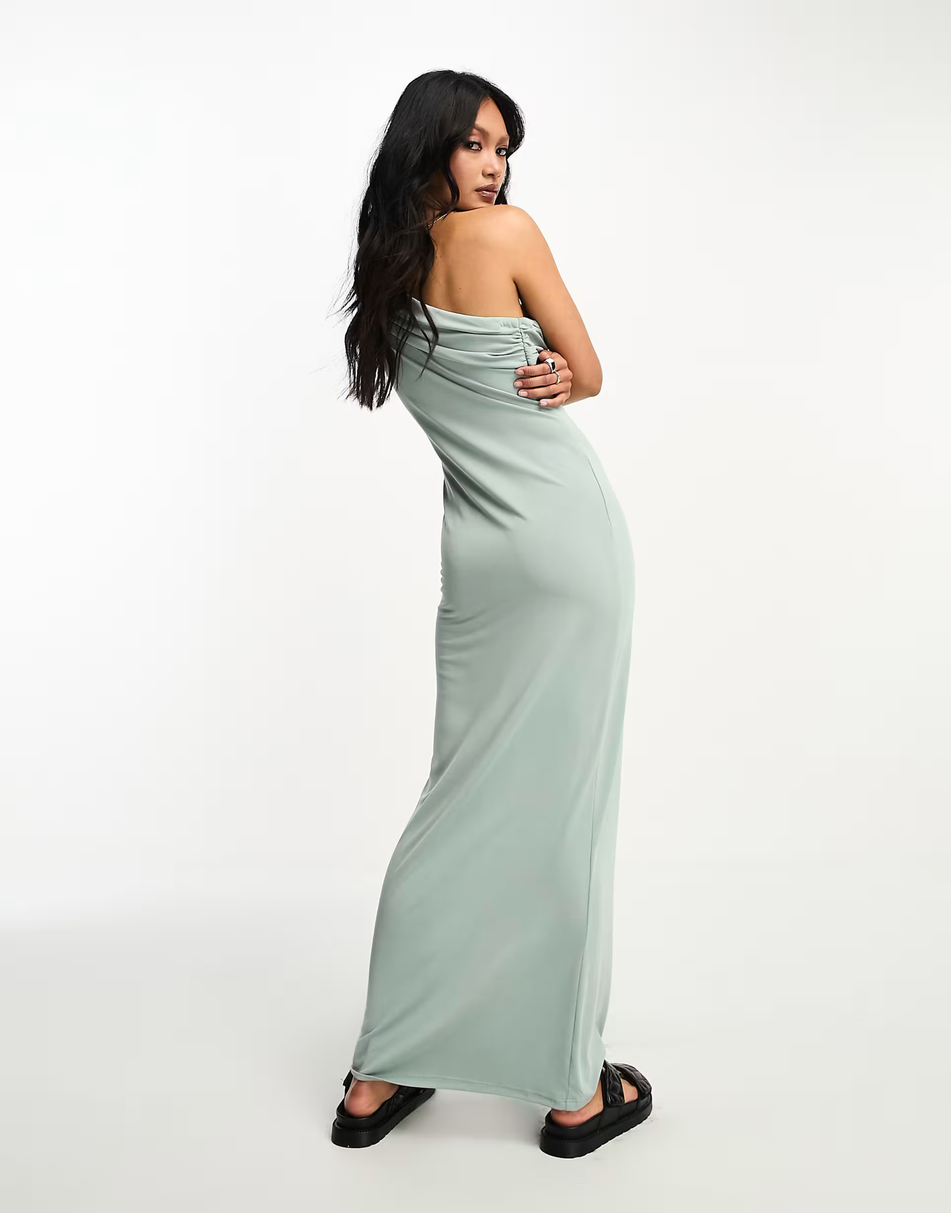 ASOS DESIGN draped one-shoulder maxi dress in sage | ASOS (Global)