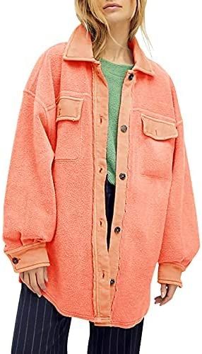 Womens Oversized Jackets Long Sleeve Button Down Shirt Shacket Casual Lapel Coats with Pockets | Amazon (US)