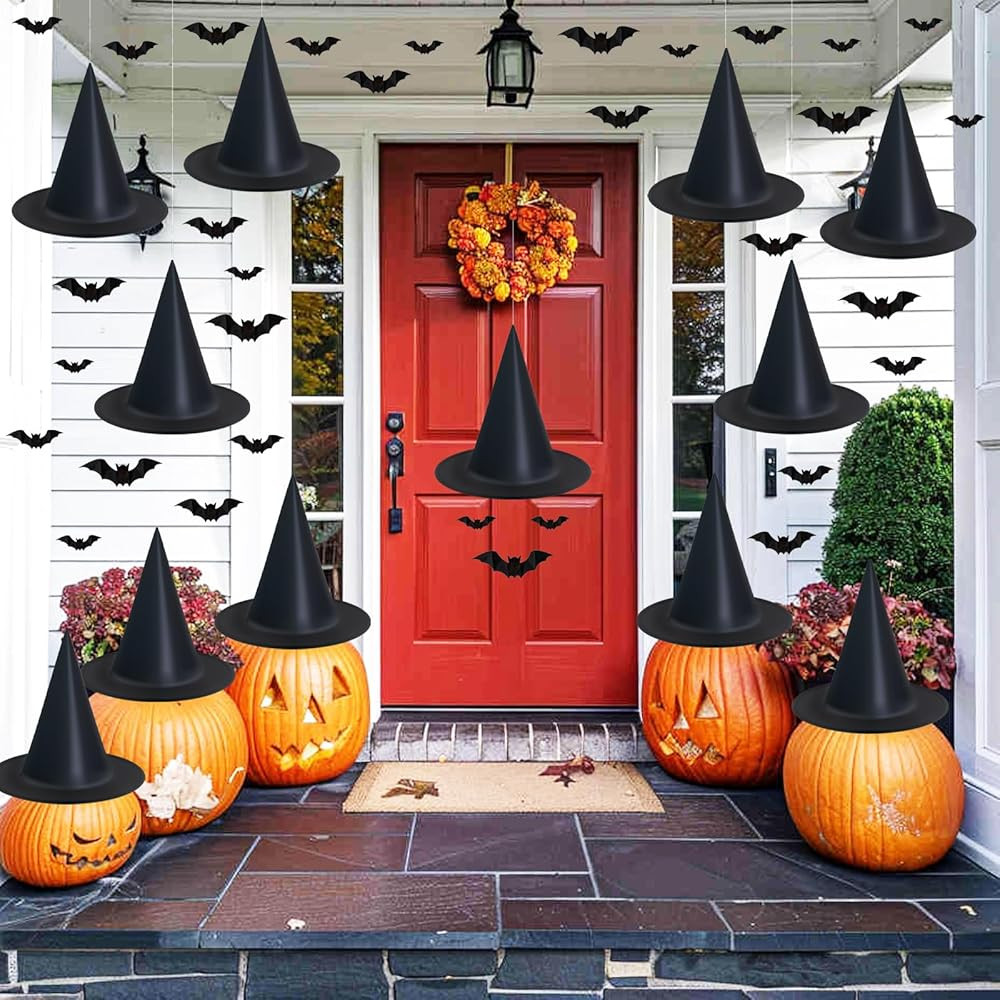 Dokeawo Witch Hat, 12 Pack Halloween Decorations, Includes 32Pcs 3D Bats, Hanging Witch Hats, Wit... | Amazon (US)