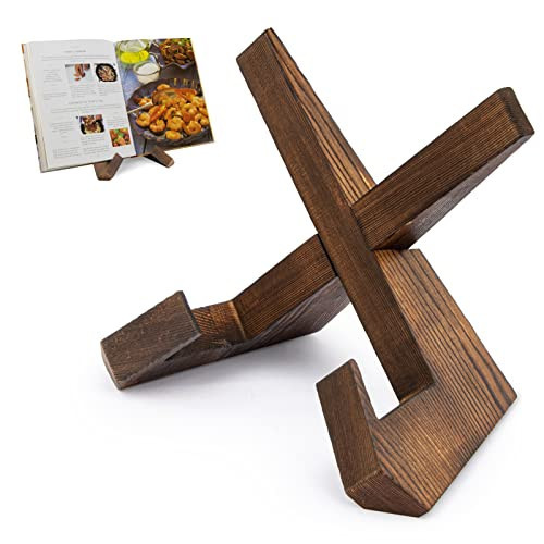 PUERSI Cookbook Stand for Kitchen, Recipe Book Holder for Kitchen Counter, Wooden Cookbook Holder, Rustic Cook Book Holder Stand - Rustic Brown | Amazon (US)