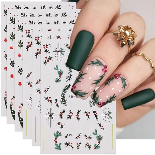 3D Christmas Nail Stickers for Nail Art, Holly Gift Bow Christmas Nail Art Stickers 6PCS Winter Snowflake Candy Cane Pine Leaf Design Self-Adhesive Xmas Nail Decals for Women Holiday DIY Nail Salon | Amazon (US)