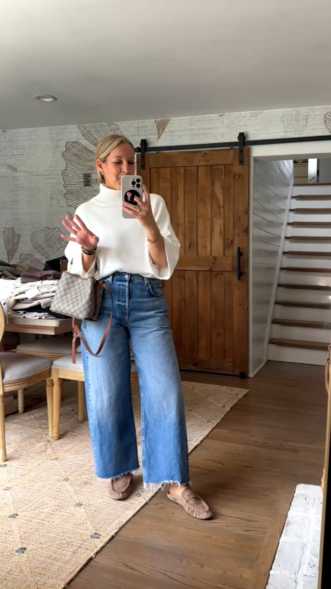 Slight sale on the jeans and then linked a 28 on poshmark! Mixing highs and lows for this cool mom outfit for work calls and school pickup. Small sweater that’s lighter weight, you can keep the mockneck up or roll it and it’s super soft and flowy. Washes well! Jeans are pricier but I love how they fit and feel. Tts 29 regular. Loafer mules are true to size; I’m in an 8. LOVE the color. So versatile. Makeup shades:
Foundation: medium
Blush: sprinkle
Lip: Lucia
Eye: taupe



#LTKootd #LTKdayinmylife #LTKmomlife