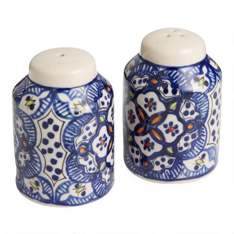 White and Blue Ceramic Tunis Salt and Pepper Shaker Set | World Market