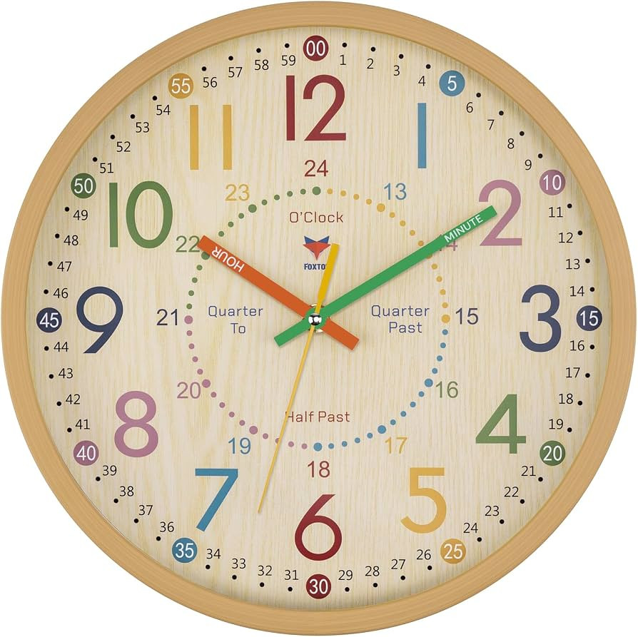 Foxtop Learning Clock for Kids - Telling Time Teaching Clock 12 Inch Silent Non-Ticking Battery O... | Amazon (US)