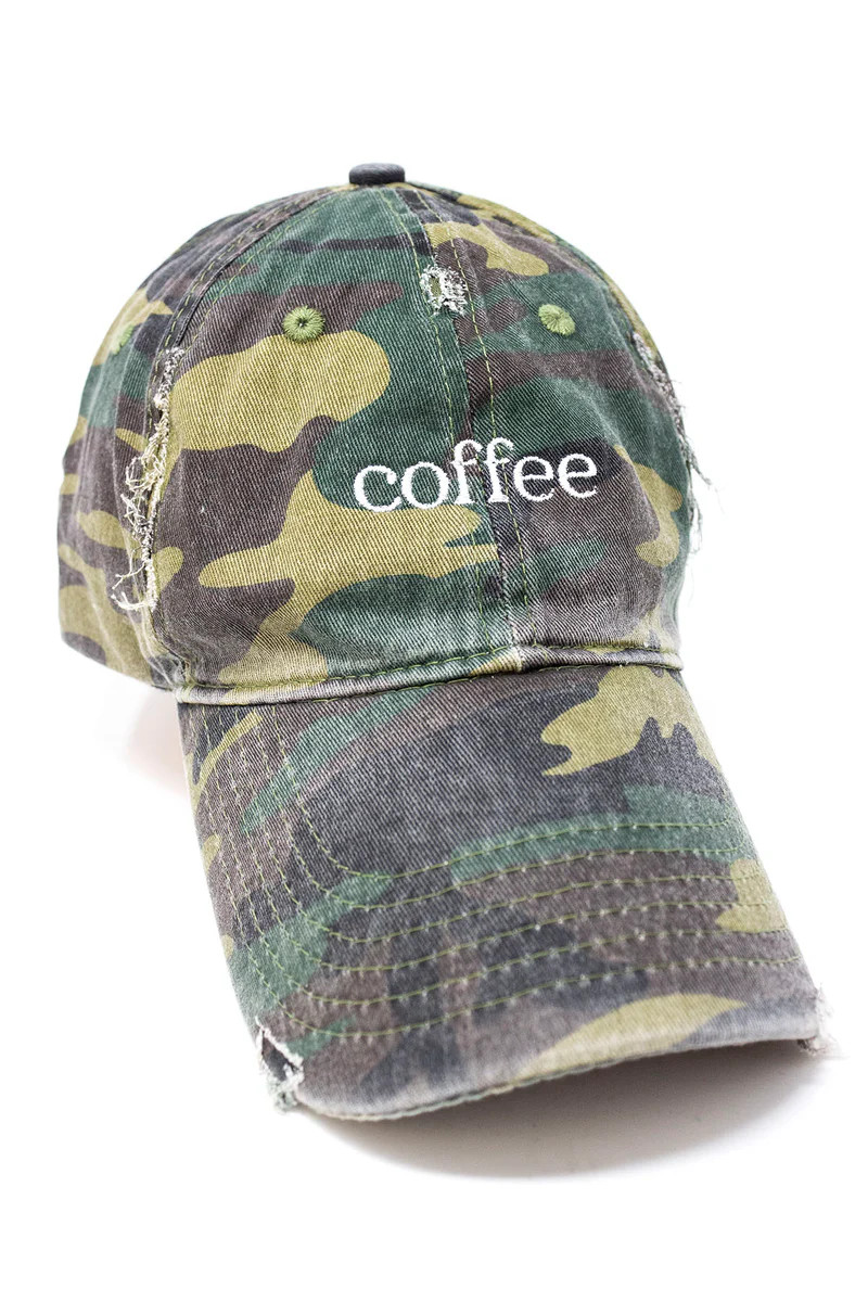 Coffee Serif Embroidered Camo Baseball Cap | The Pink Lily Boutique