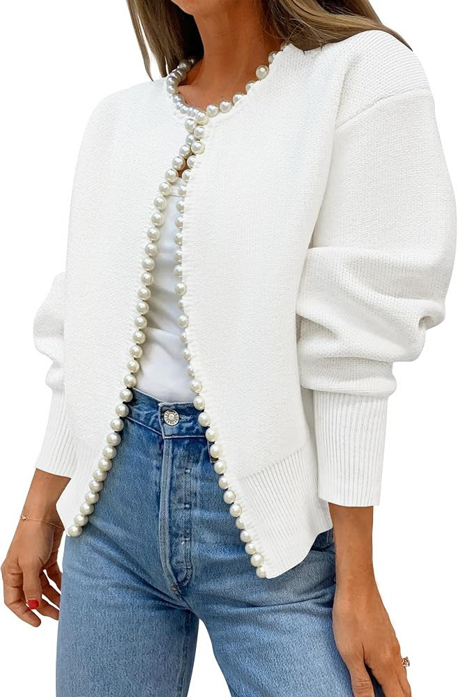 ZESICA Women's Pearls Trim Open Front Cardigan Sweater | Amazon (US)