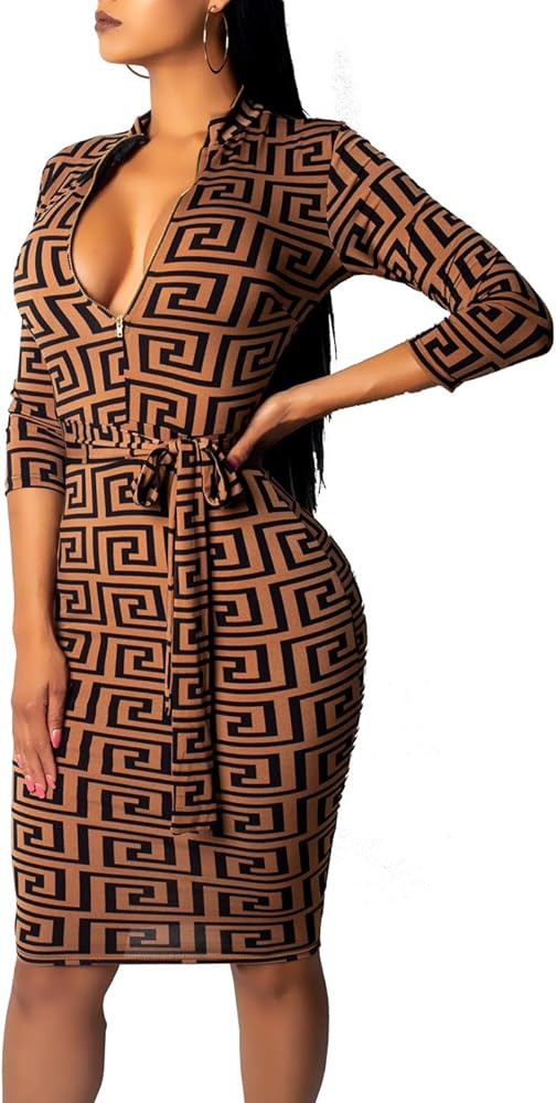 Women Sexy V Neck Dresses Elegant Bodycon Long Sleeve Stretchy Pencil Business Suiting Slim Fit Zipp | Amazon (US)