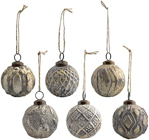 AuldHome Farmhouse Ball Ornaments (Set of 6, Gold); Distressed Metal Glass Ball Vintage Style Chr... | Amazon (US)