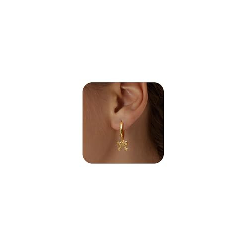 Gold Earrings for Women Trendy Bow Earrings 14K Gold Plated/Silver Hoops Simple Bow Twist Gold Hu... | Amazon (US)