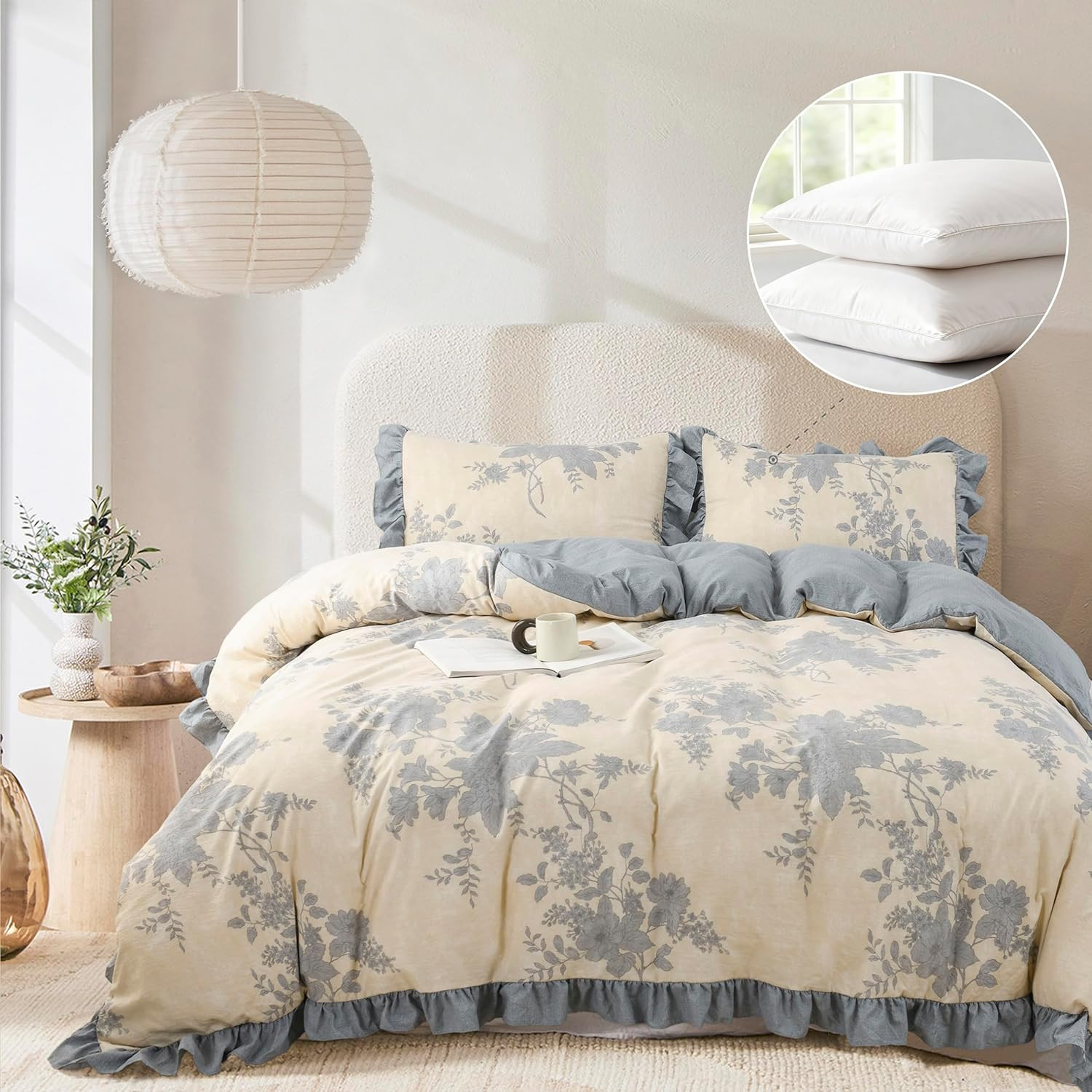 Queen Comforter Set, Ruffle Floral Bedding Set, 5 Pieces, Blue | Amazon (US)