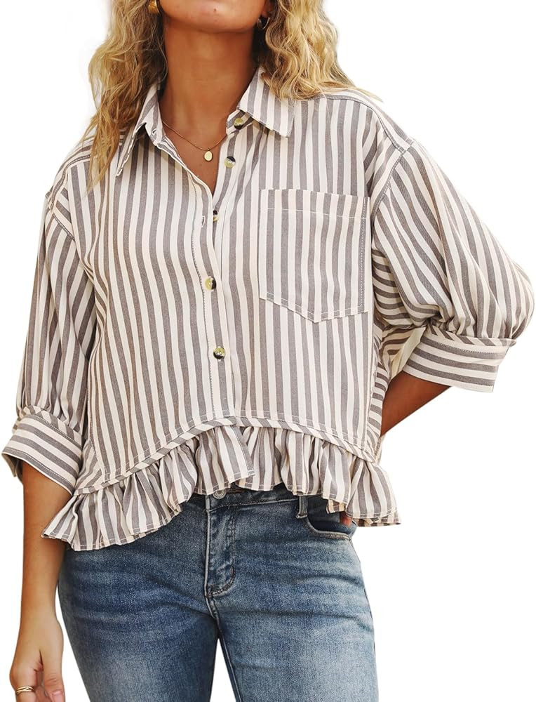 CHYRII Womens Summer Tops Dressy Casual Blouse Top Ruffled Short Sleeve Button Down Striped Shirt | Amazon (US)