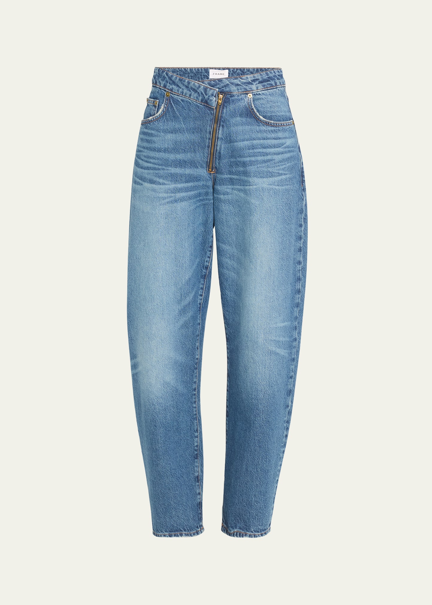 FRAME Angled-Zip Long Barrel Jeans | Bergdorf Goodman